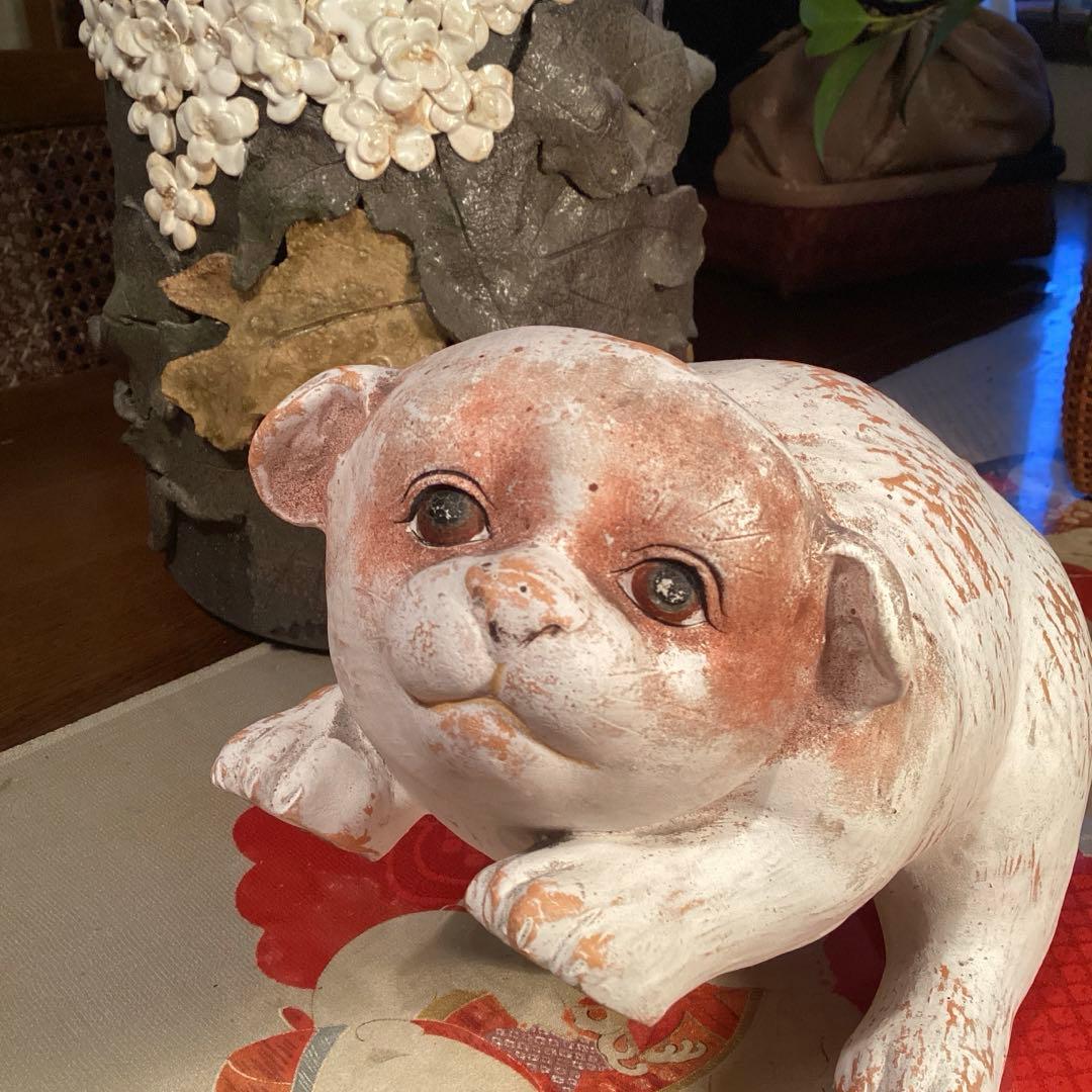 A905 時代物　　置物　￼オブジェ　土人形　白犬　子犬