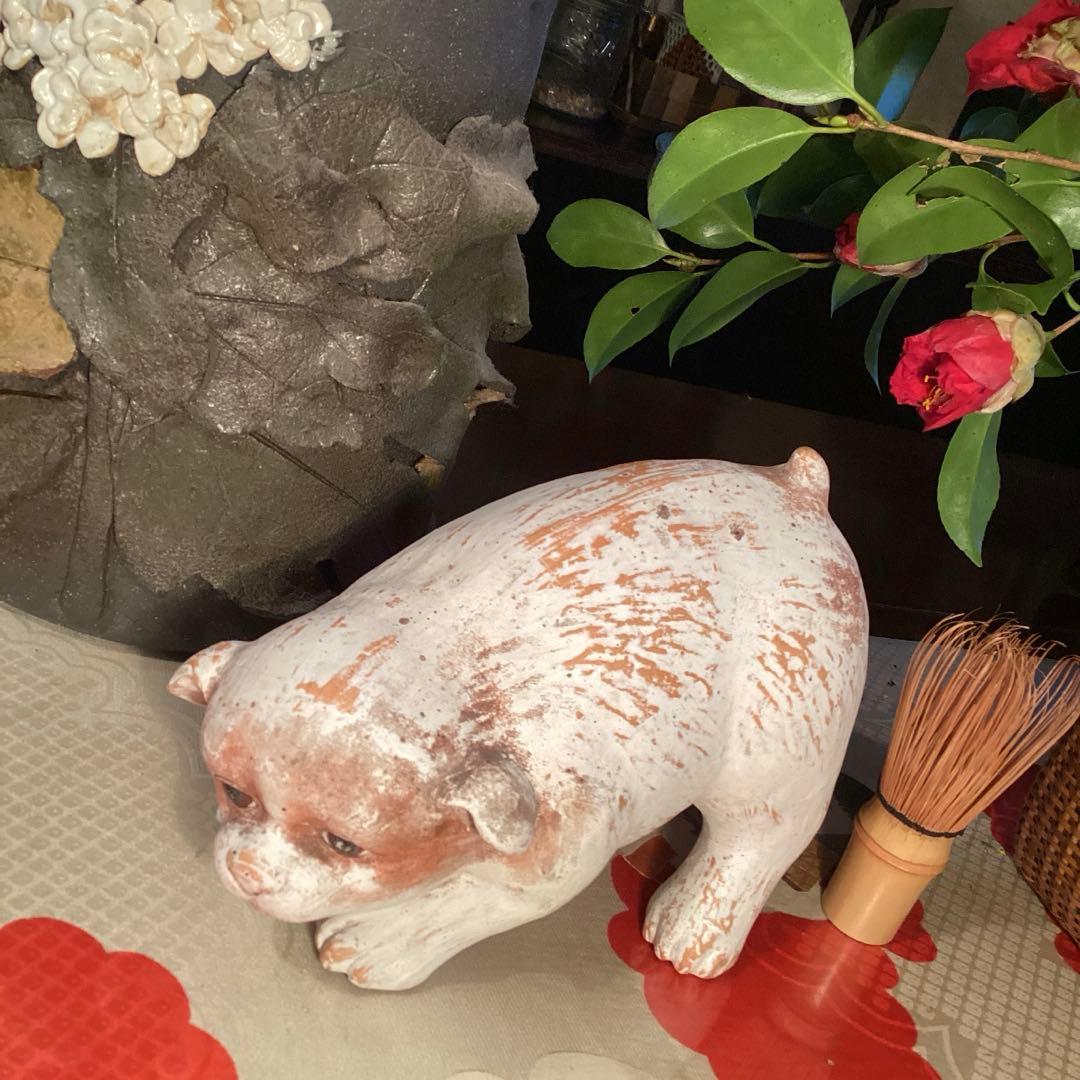 A905 時代物　　置物　￼オブジェ　土人形　白犬　子犬