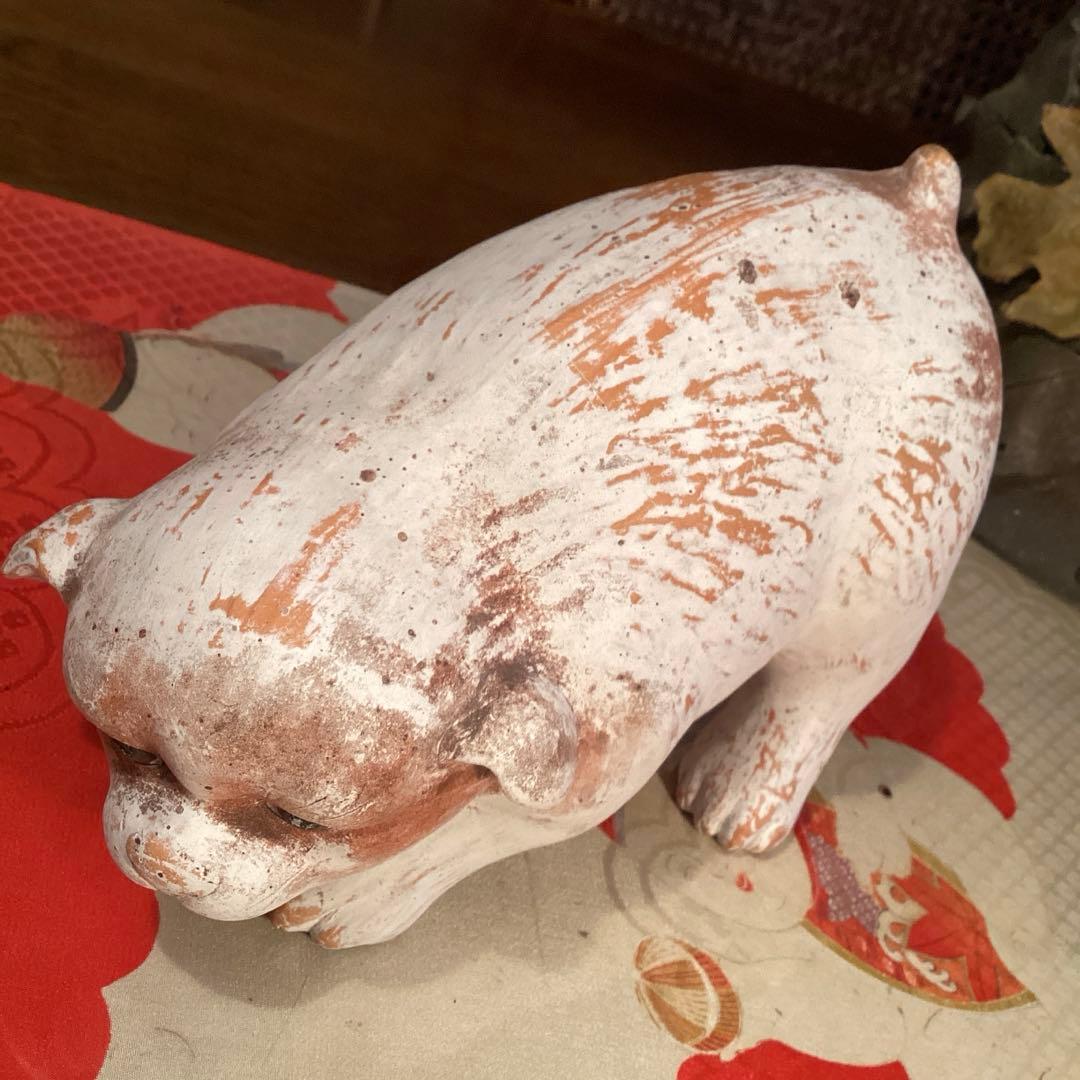 A905 時代物　　置物　￼オブジェ　土人形　白犬　子犬