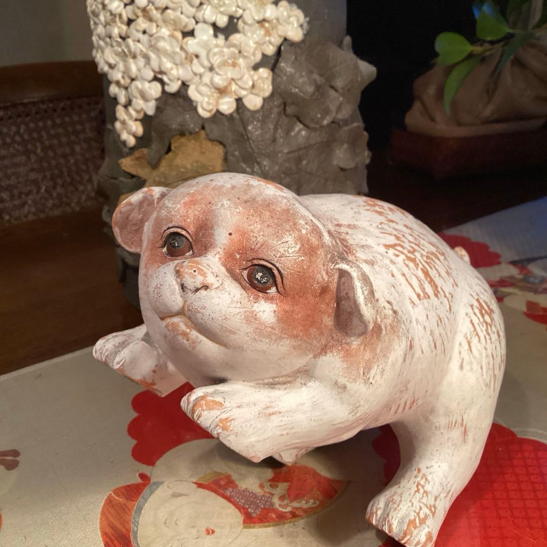 A905 時代物　　置物　￼オブジェ　土人形　白犬　子犬