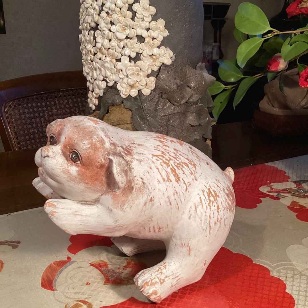 A905 時代物　　置物　￼オブジェ　土人形　白犬　子犬