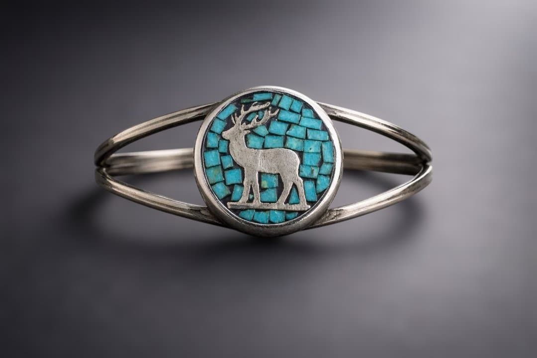 USA 購入ズニ族スタイル ターコイズ モザイクインレイ 鹿 バングル シルバー