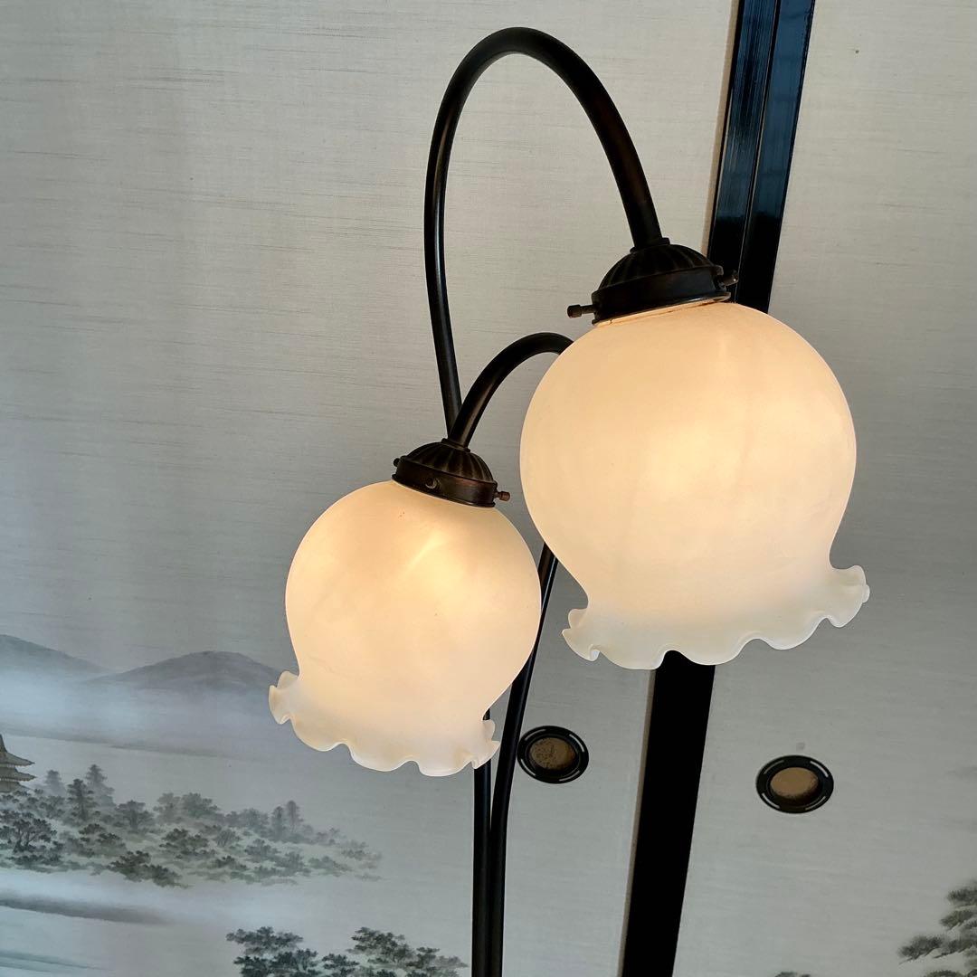 フロアスタンド 2灯 ガラスシェード マーブル調　アンティーク