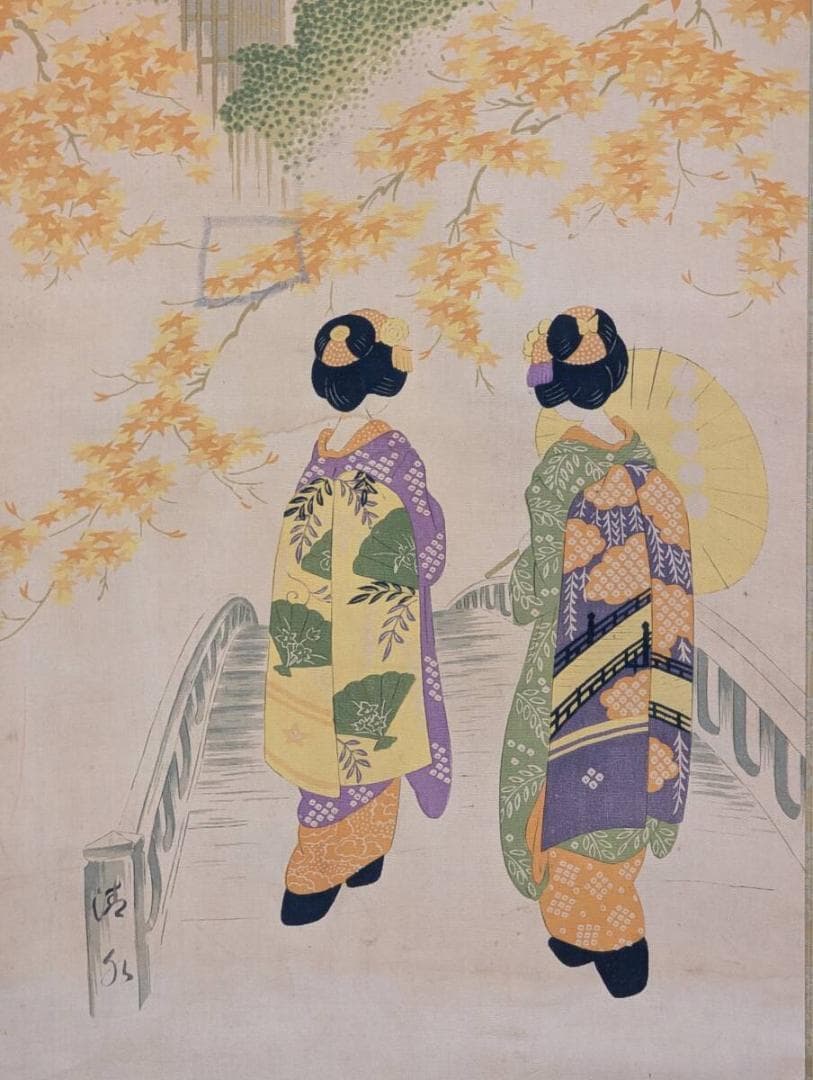 【真作】掛軸　秋景清水寺　舞妓図　優美な京の風情を描く日本画　美人画　V68