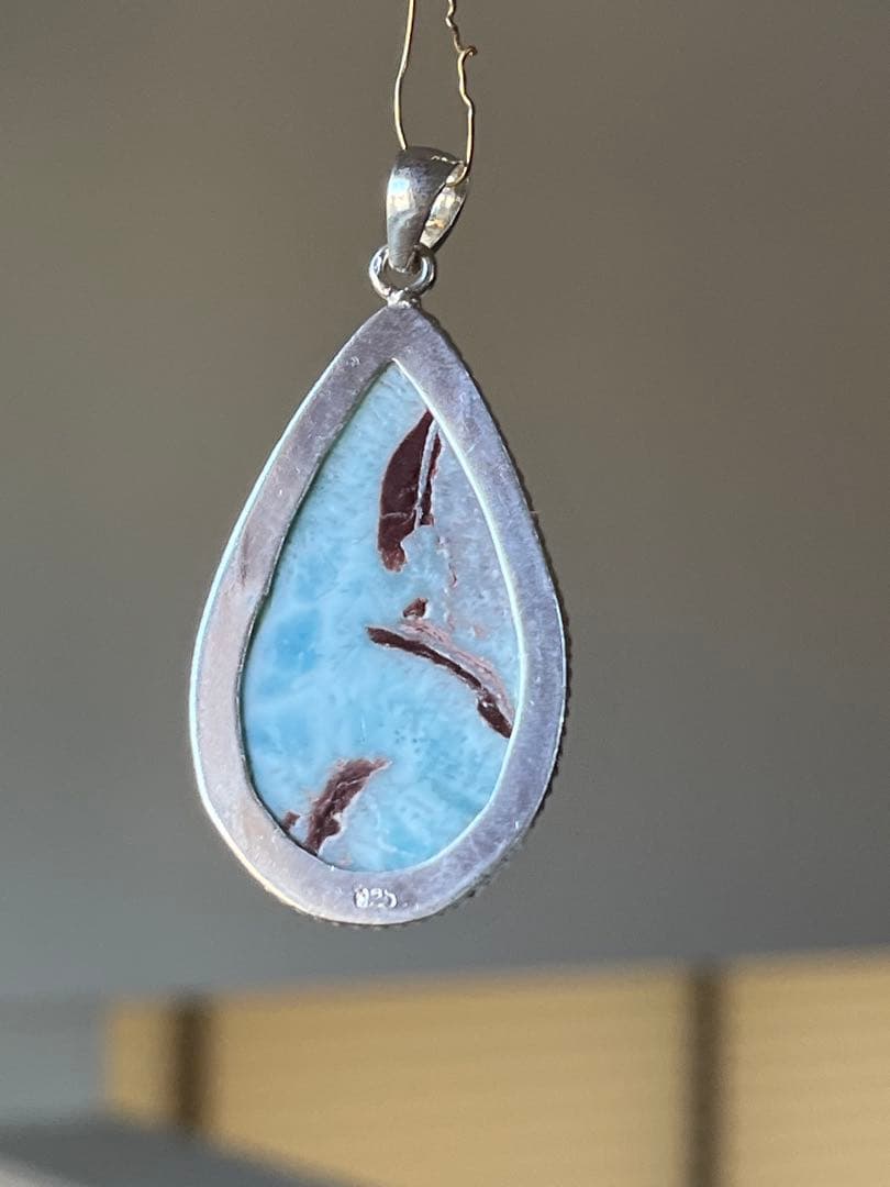 天然石☆品質良し！ラリマーしずく型ペンダントトップ②☆シルバーワク付き