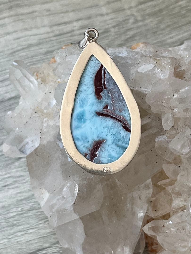 天然石☆品質良し！ラリマーしずく型ペンダントトップ②☆シルバーワク付き