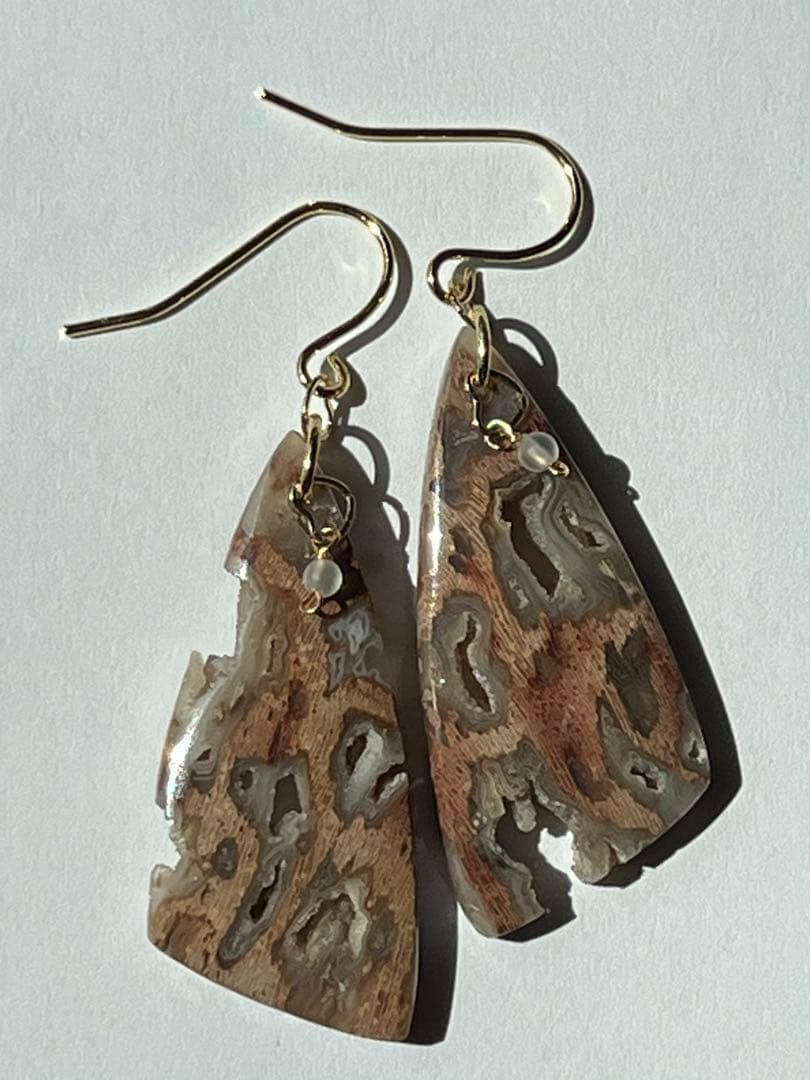 ＊14kgf フォッシルパームウッドwithドゥルージーポケット ピアス