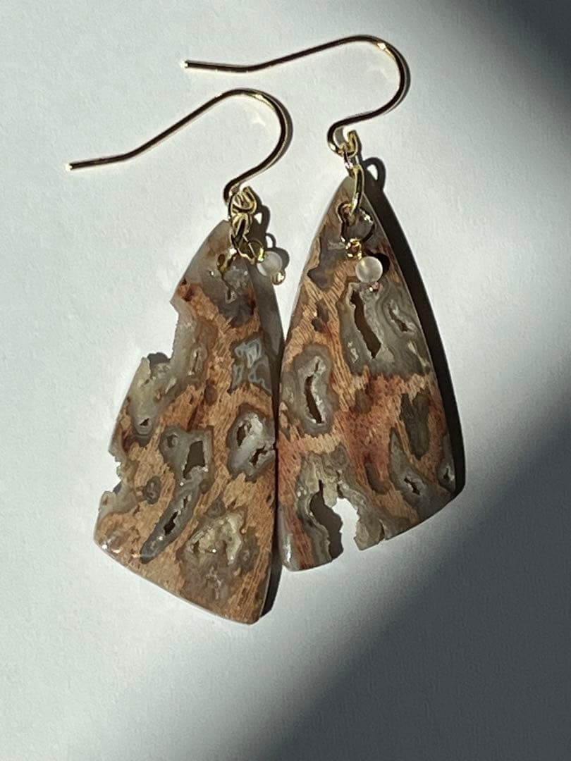 ＊14kgf フォッシルパームウッドwithドゥルージーポケット ピアス