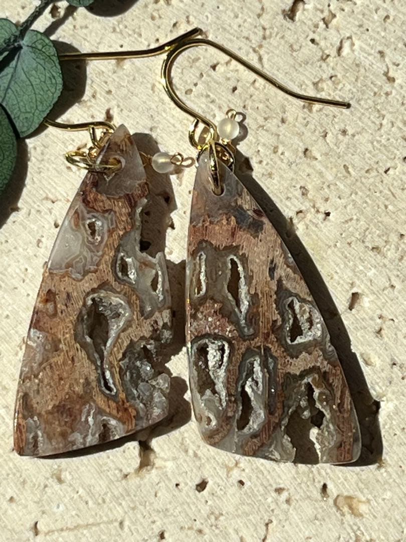 ＊14kgf フォッシルパームウッドwithドゥルージーポケット ピアス