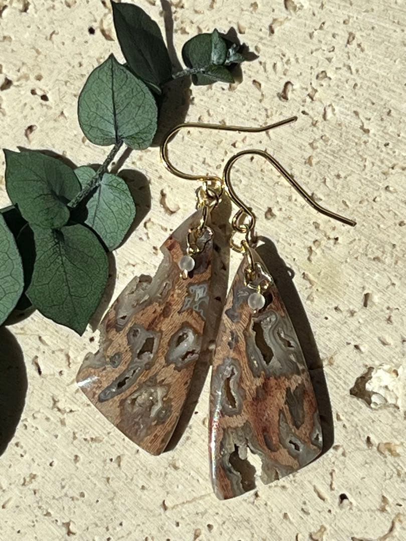 ＊14kgf フォッシルパームウッドwithドゥルージーポケット ピアス