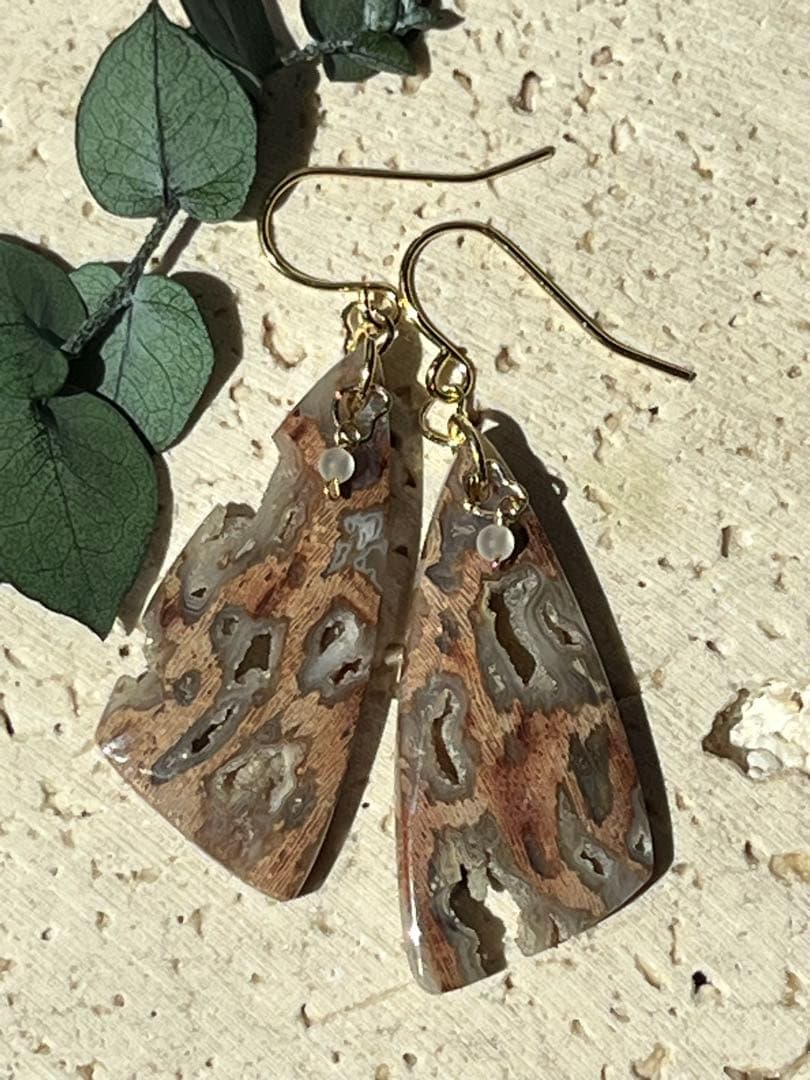 ＊14kgf フォッシルパームウッドwithドゥルージーポケット ピアス