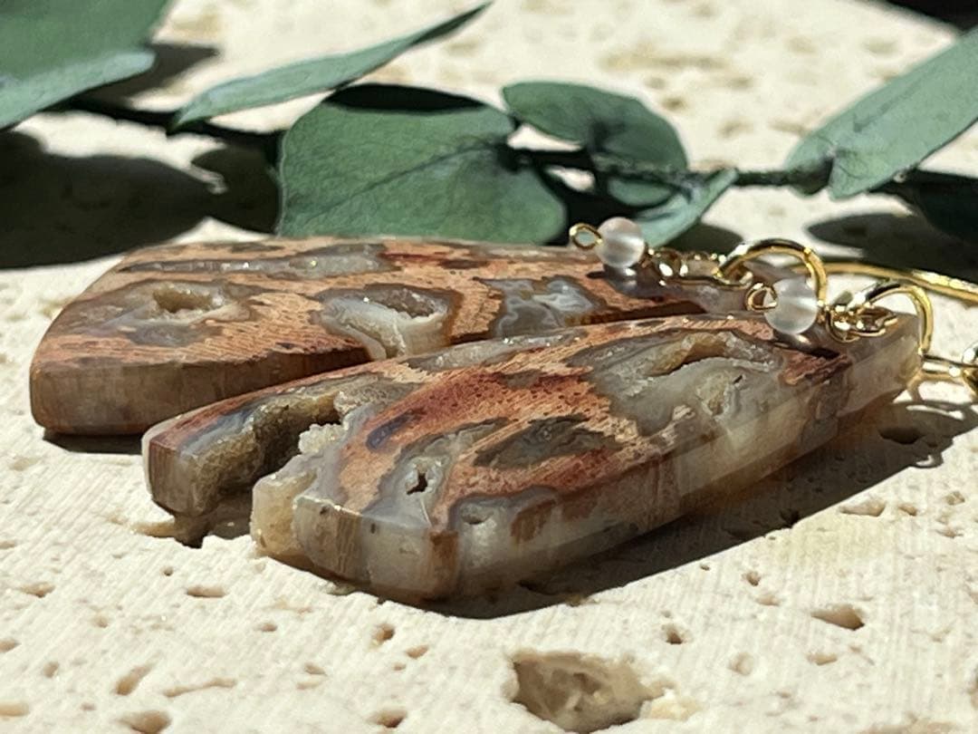 ＊14kgf フォッシルパームウッドwithドゥルージーポケット ピアス