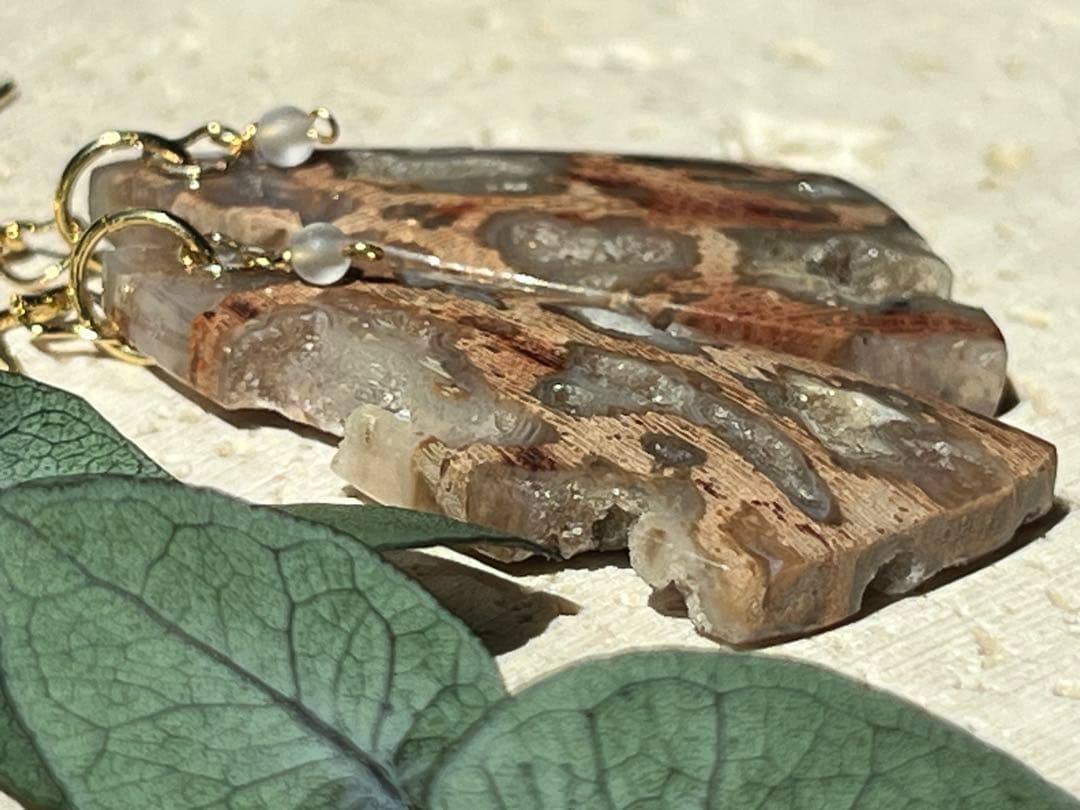 ＊14kgf フォッシルパームウッドwithドゥルージーポケット ピアス