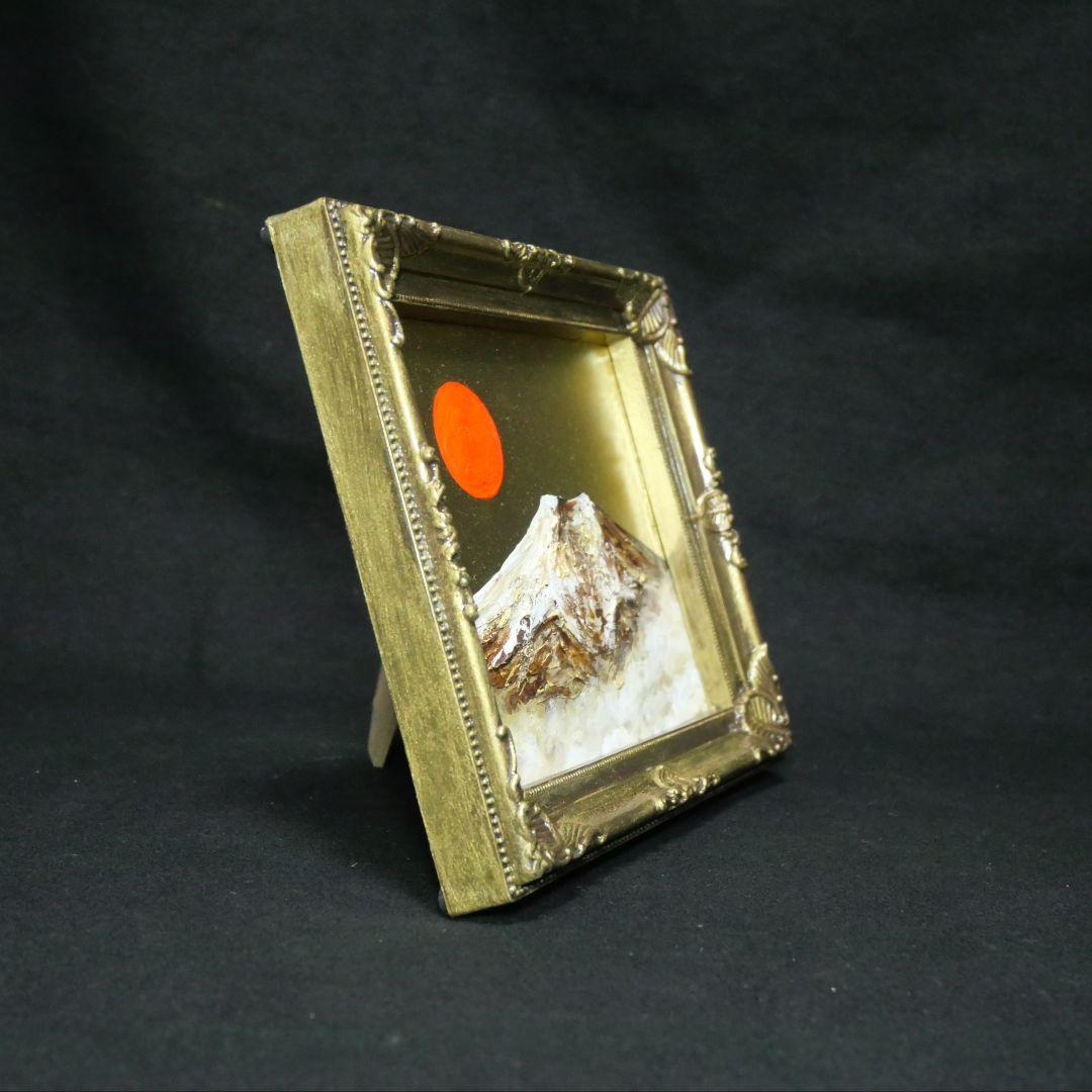 【真作】油絵 ミニ色紙「黄金富士山」額縁付 金運・開運 縁起物 原画 手描き