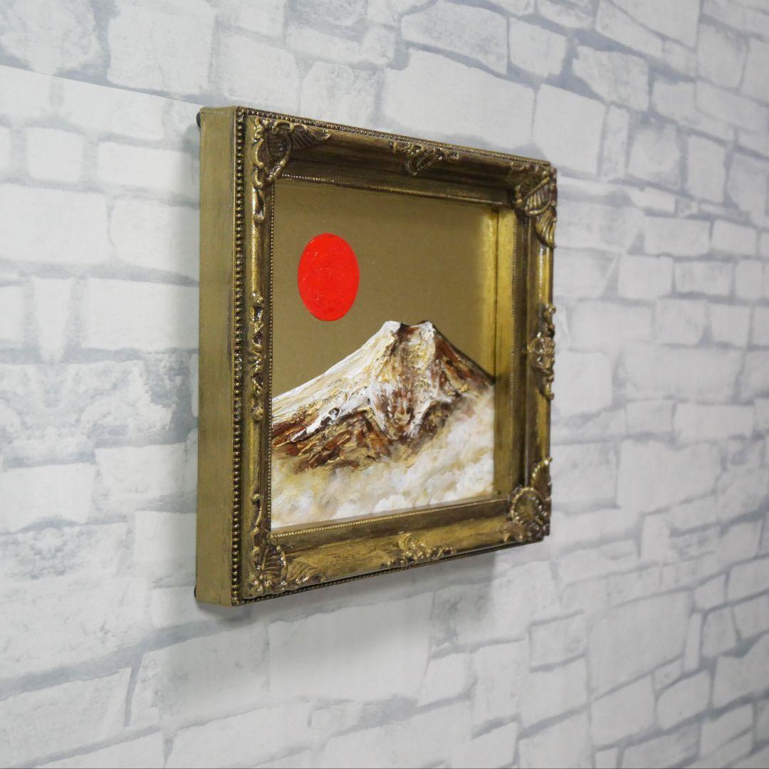 【真作】油絵 ミニ色紙「黄金富士山」額縁付 金運・開運 縁起物 原画 手描き