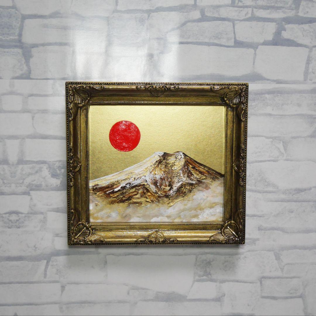 【真作】油絵 ミニ色紙「黄金富士山」額縁付 金運・開運 縁起物 原画 手描き