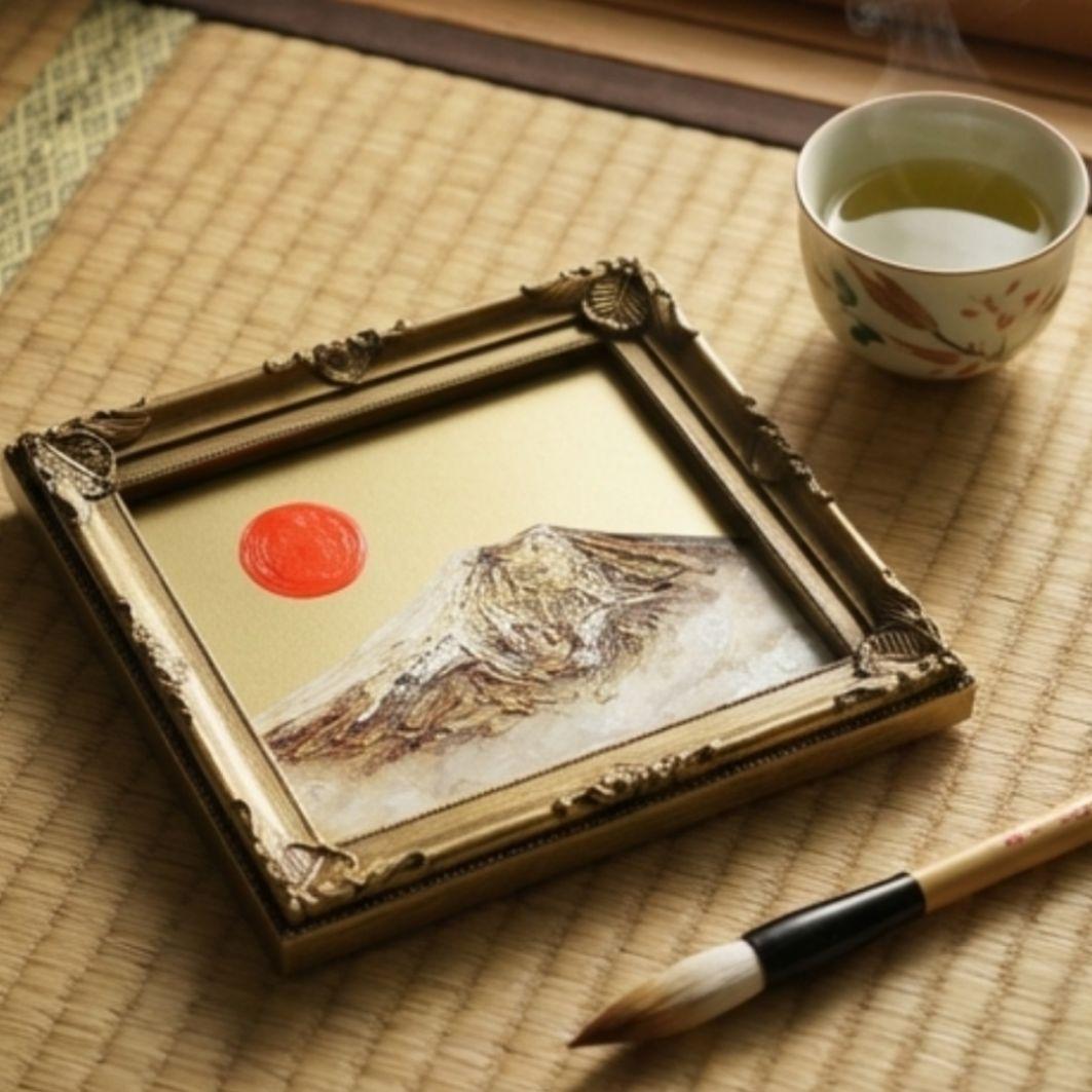 【真作】油絵 ミニ色紙「黄金富士山」額縁付 金運・開運 縁起物 原画 手描き