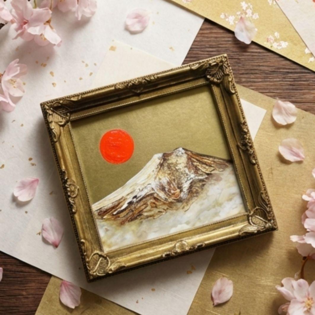 【真作】油絵 ミニ色紙「黄金富士山」額縁付 金運・開運 縁起物 原画 手描き