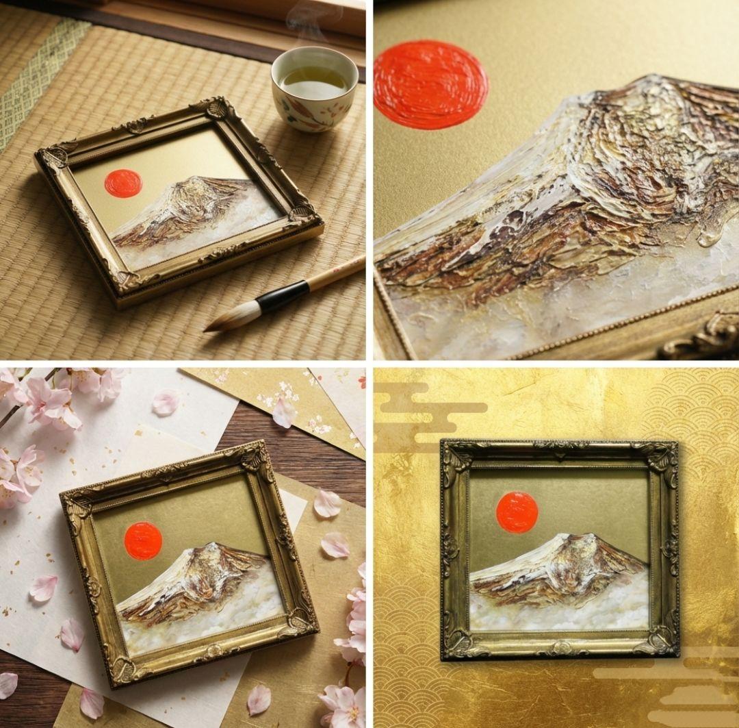 【真作】油絵 ミニ色紙「黄金富士山」額縁付 金運・開運 縁起物 原画 手描き