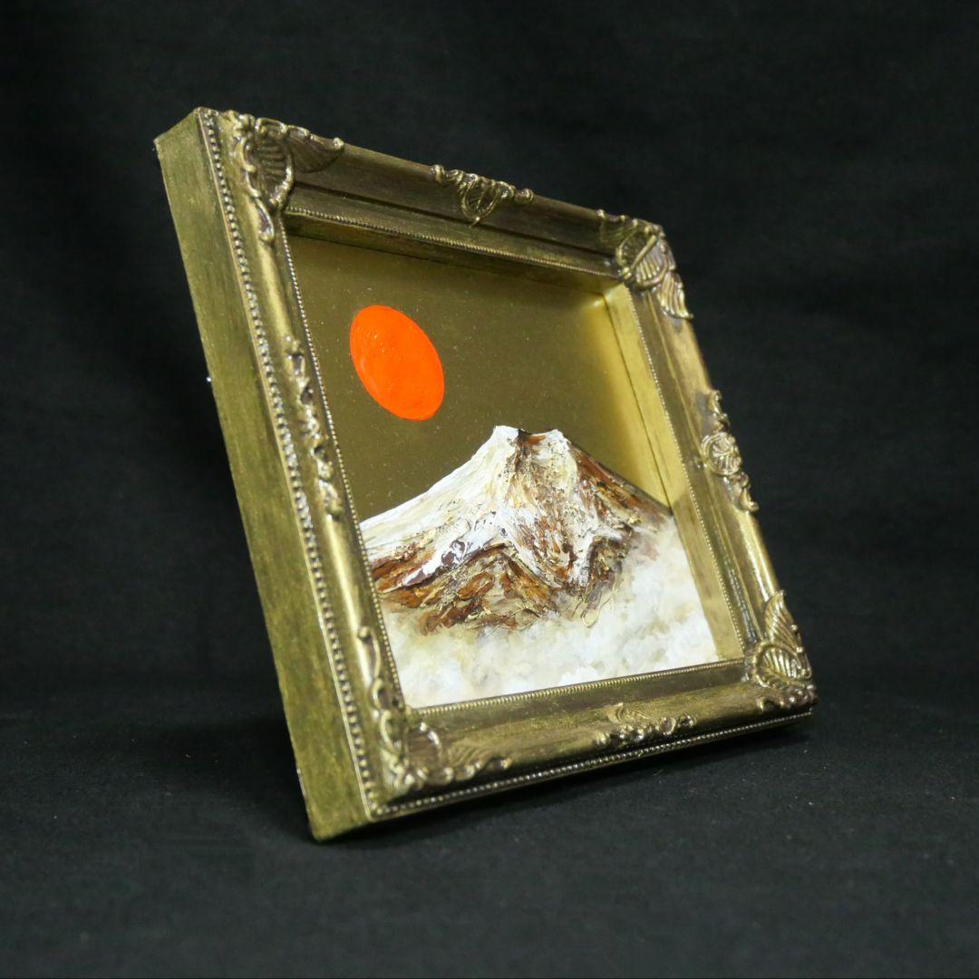 【真作】油絵 ミニ色紙「黄金富士山」額縁付 金運・開運 縁起物 原画 手描き