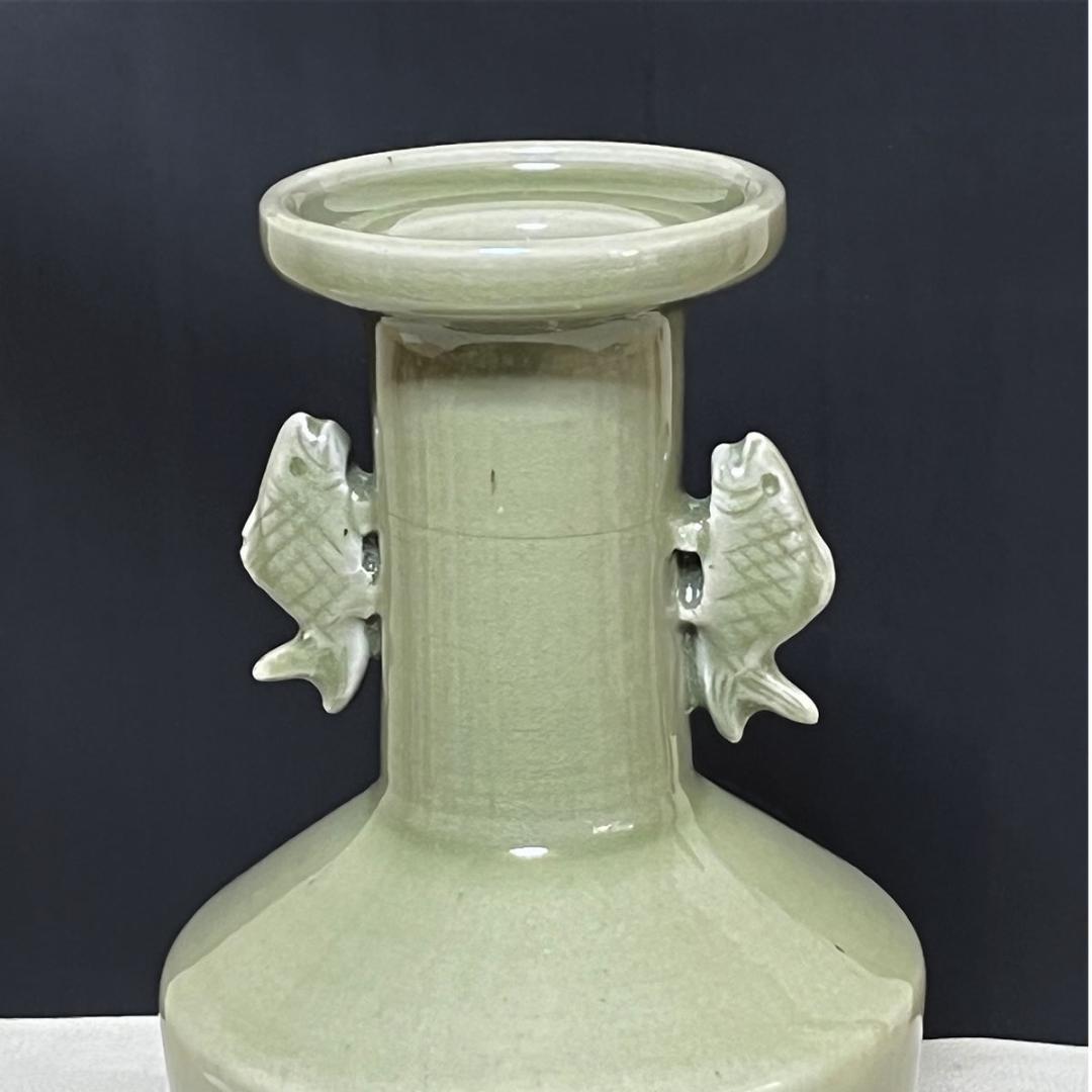 やっちゃん 阿漕焼 魚水庵 青磁 魚耳付 花生 共箱 耳付 【k3425】