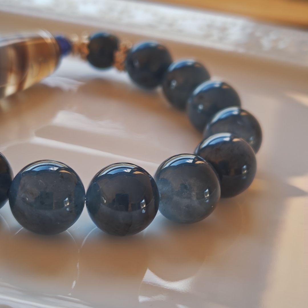 銀線双観音天珠　ブルーラビットヘアアンフィボール　サファイア
