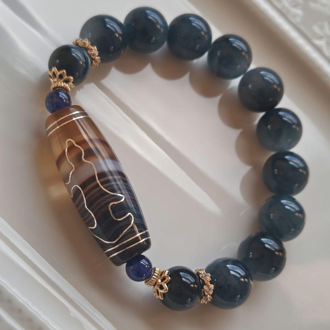 銀線双観音天珠　ブルーラビットヘアアンフィボール　サファイア