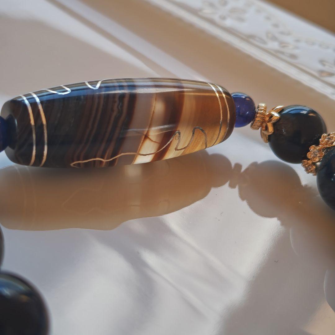 銀線双観音天珠　ブルーラビットヘアアンフィボール　サファイア