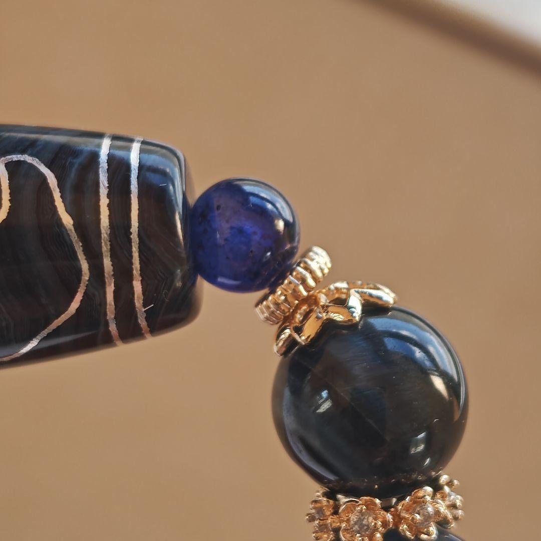 銀線双観音天珠　ブルーラビットヘアアンフィボール　サファイア