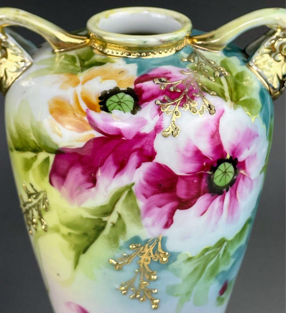 オールドノリタケ 約２３cm アールヌーボー ポピー花紋花瓶 金盛り 盛上げ