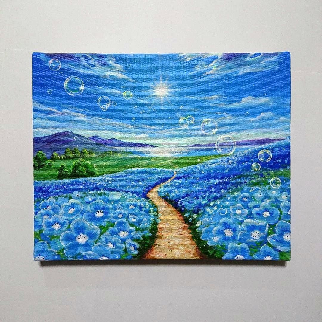 【ネモフィラが続く道】アクリル画 F3 風景画 絵画