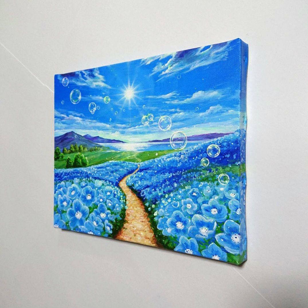 【ネモフィラが続く道】アクリル画 F3 風景画 絵画