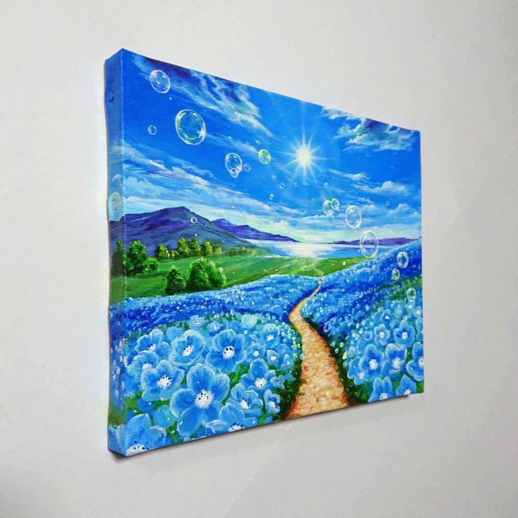 【ネモフィラが続く道】アクリル画 F3 風景画 絵画
