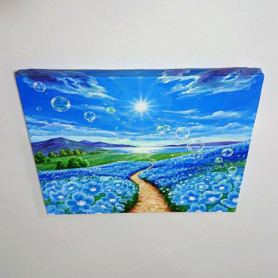 【ネモフィラが続く道】アクリル画 F3 風景画 絵画