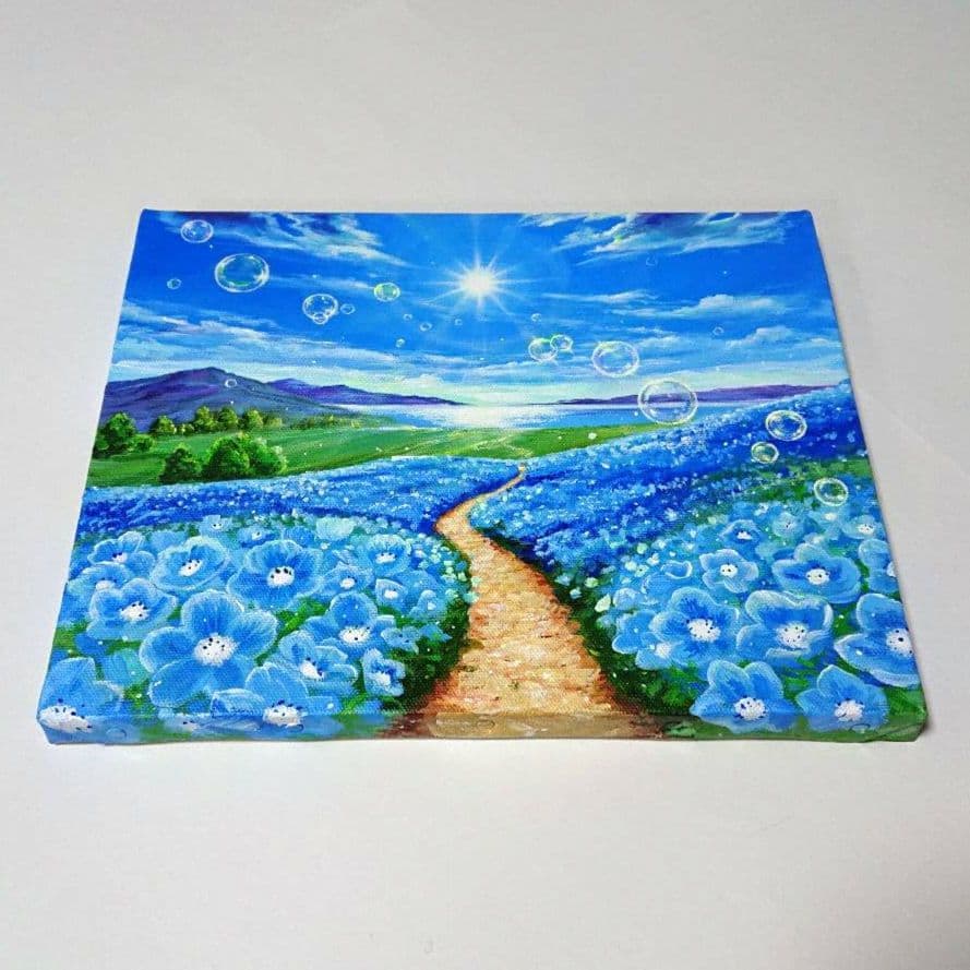 【ネモフィラが続く道】アクリル画 F3 風景画 絵画