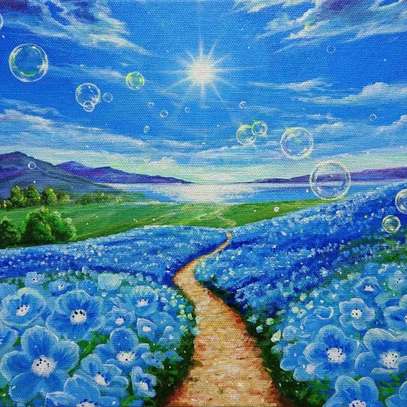 【ネモフィラが続く道】アクリル画 F3 風景画 絵画