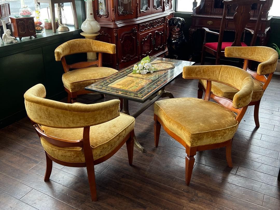 k210r124 ビンテージイエロー ベルベットのタブチェア サロンチェア 4脚