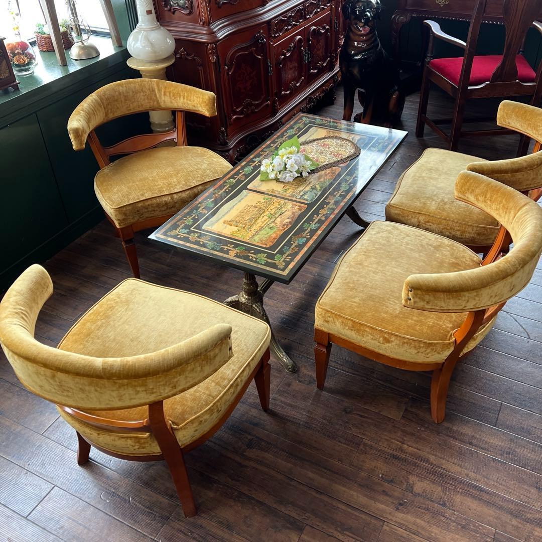 k210r124 ビンテージイエロー ベルベットのタブチェア サロンチェア 4脚