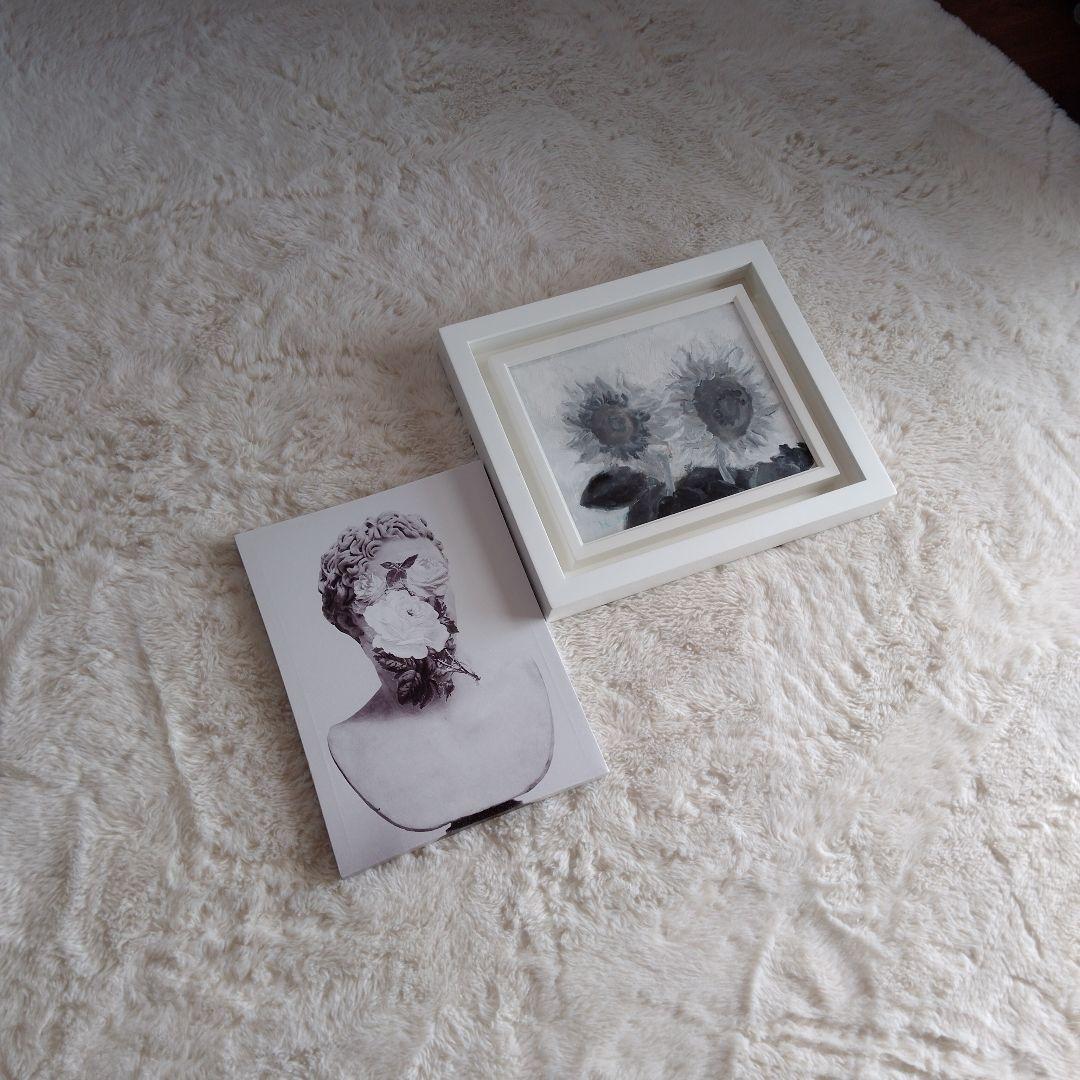 【美品】モノクロアート　タペストリー　セット　ひまわり　花　石膏像　額装