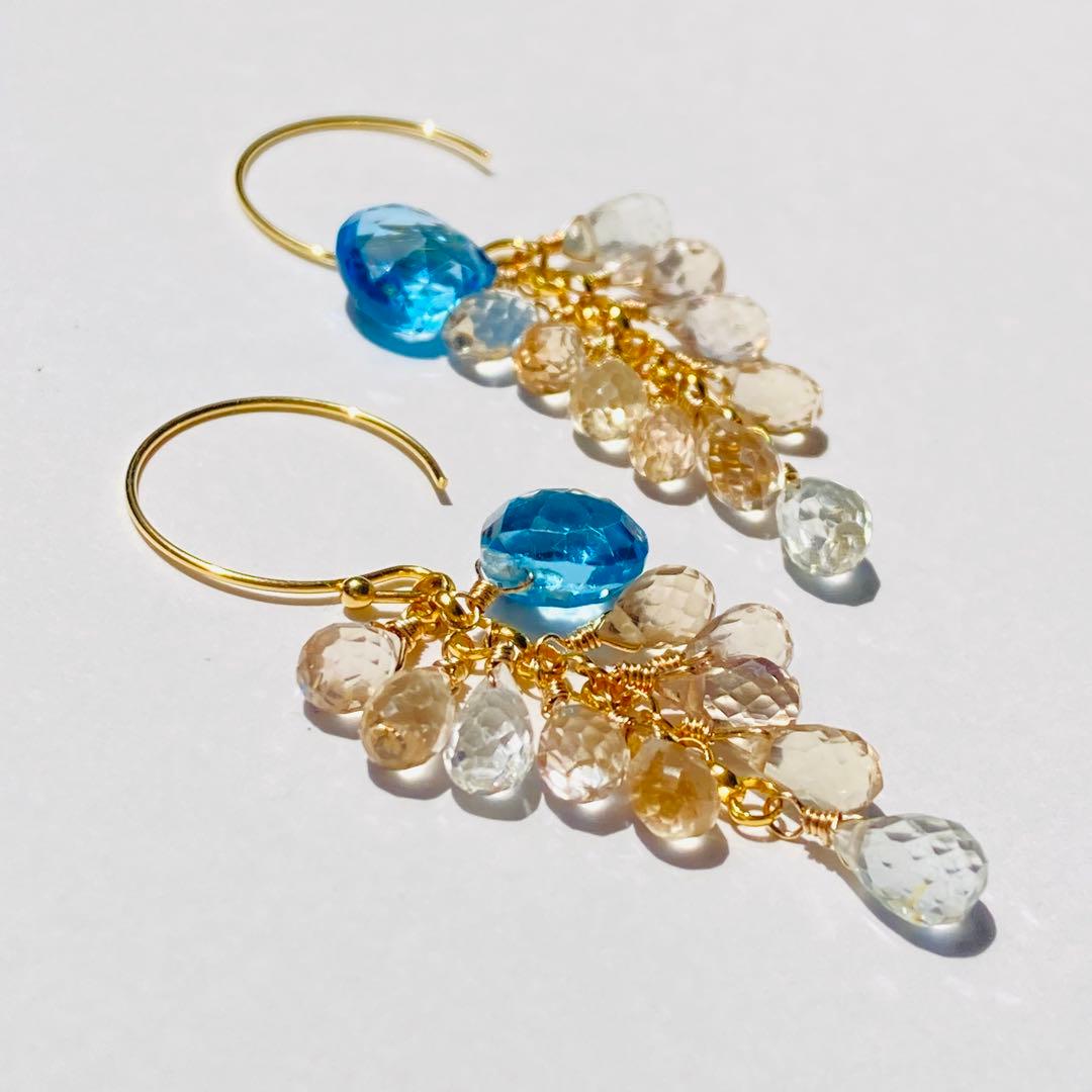 天然石ピアス 14kgf スイスブルートパーズ シャンパントパーズ たわわ