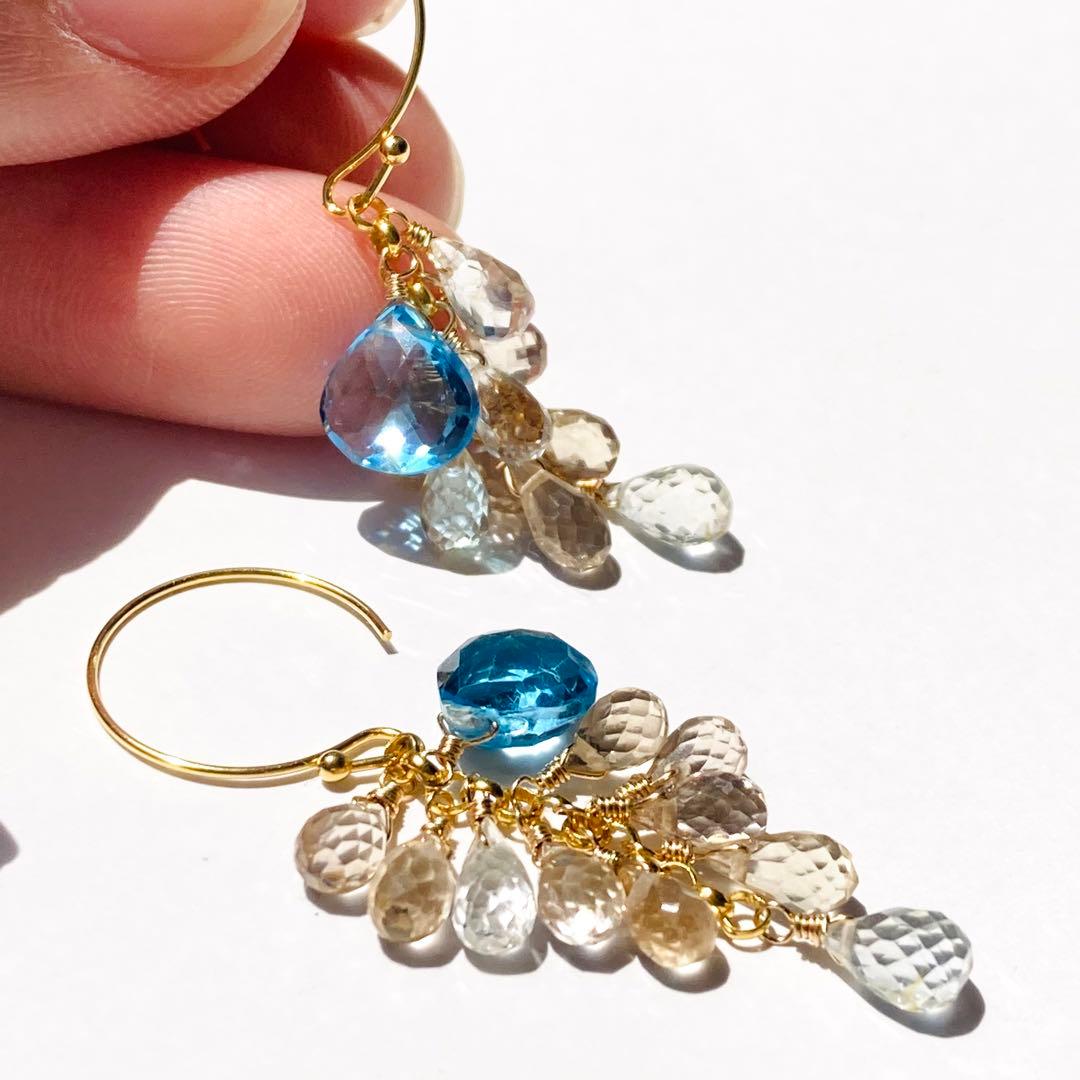 天然石ピアス 14kgf スイスブルートパーズ シャンパントパーズ たわわ