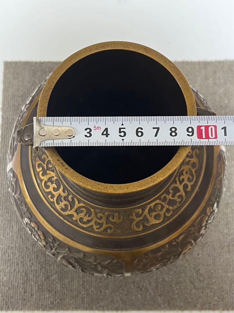 時代物 高岡銅器 古銅製四方窓絵花鳥紋龍舌耳付蝋型鋳造花瓶 作家在銘品 古銅器