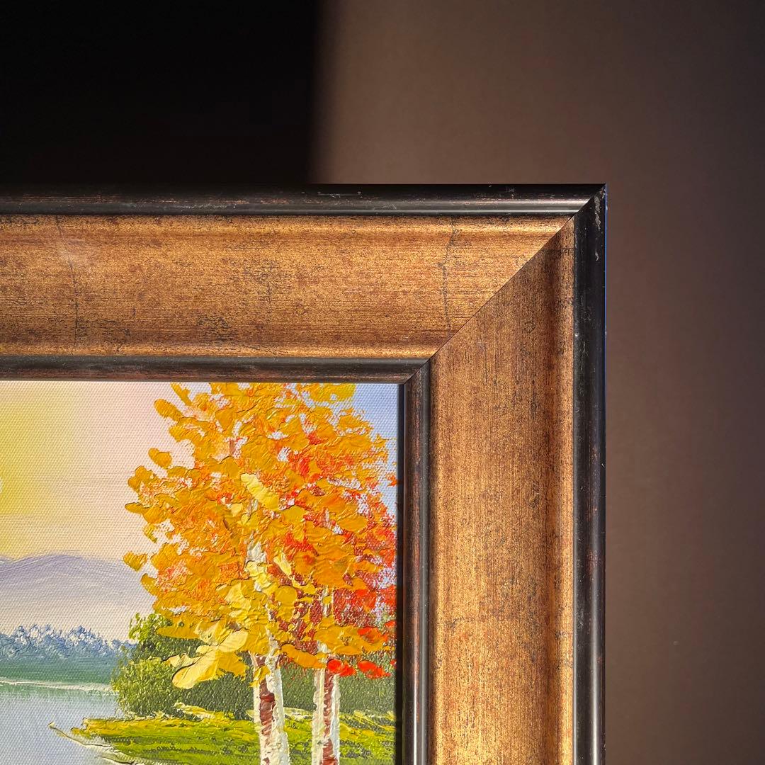 手書き油絵 色づく山河 額付 絵画 インテリア 油彩画