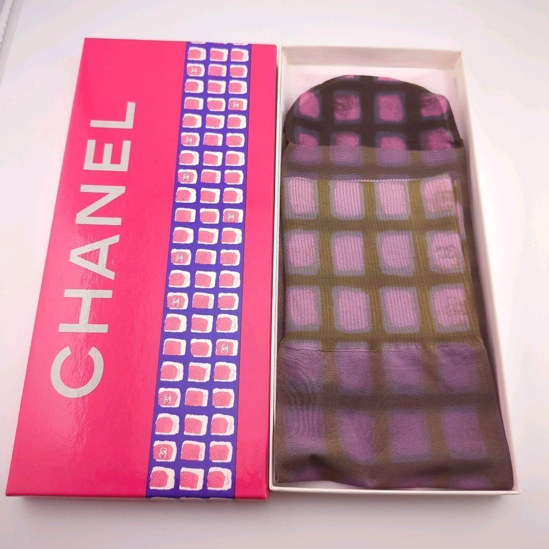 【未使用品】CHANEL シャネル チェック柄 ソックス パープル系