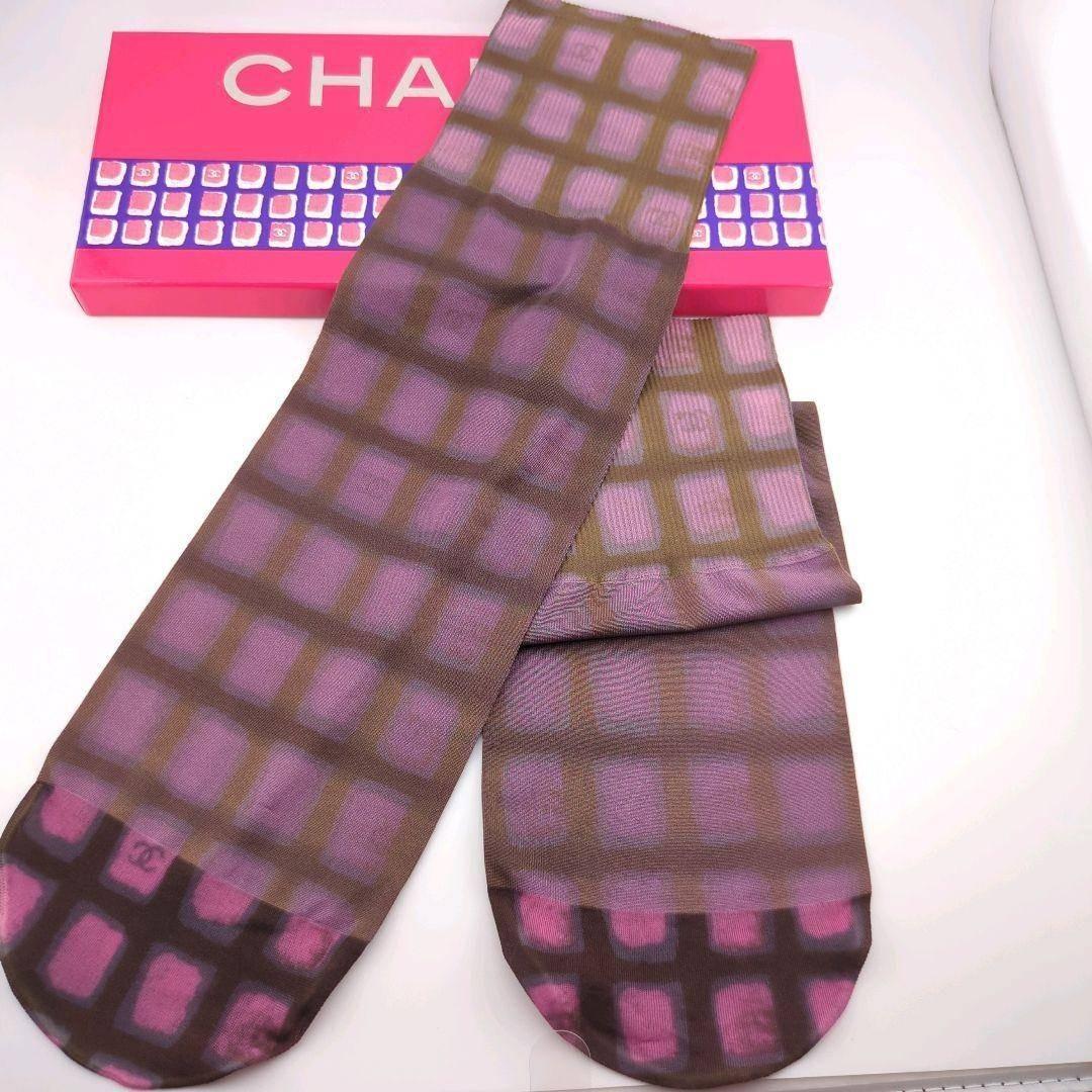 【未使用品】CHANEL シャネル チェック柄 ソックス パープル系