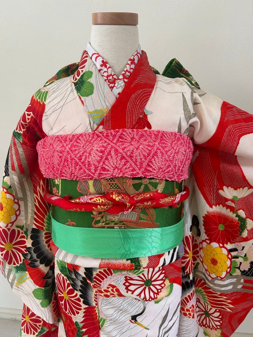 7歳　七五三　アンティーク着物、帯、帯揚げ、帯締め　しごき　身丈113cm