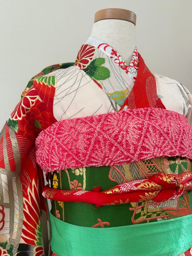 7歳　七五三　アンティーク着物、帯、帯揚げ、帯締め　しごき　身丈113cm