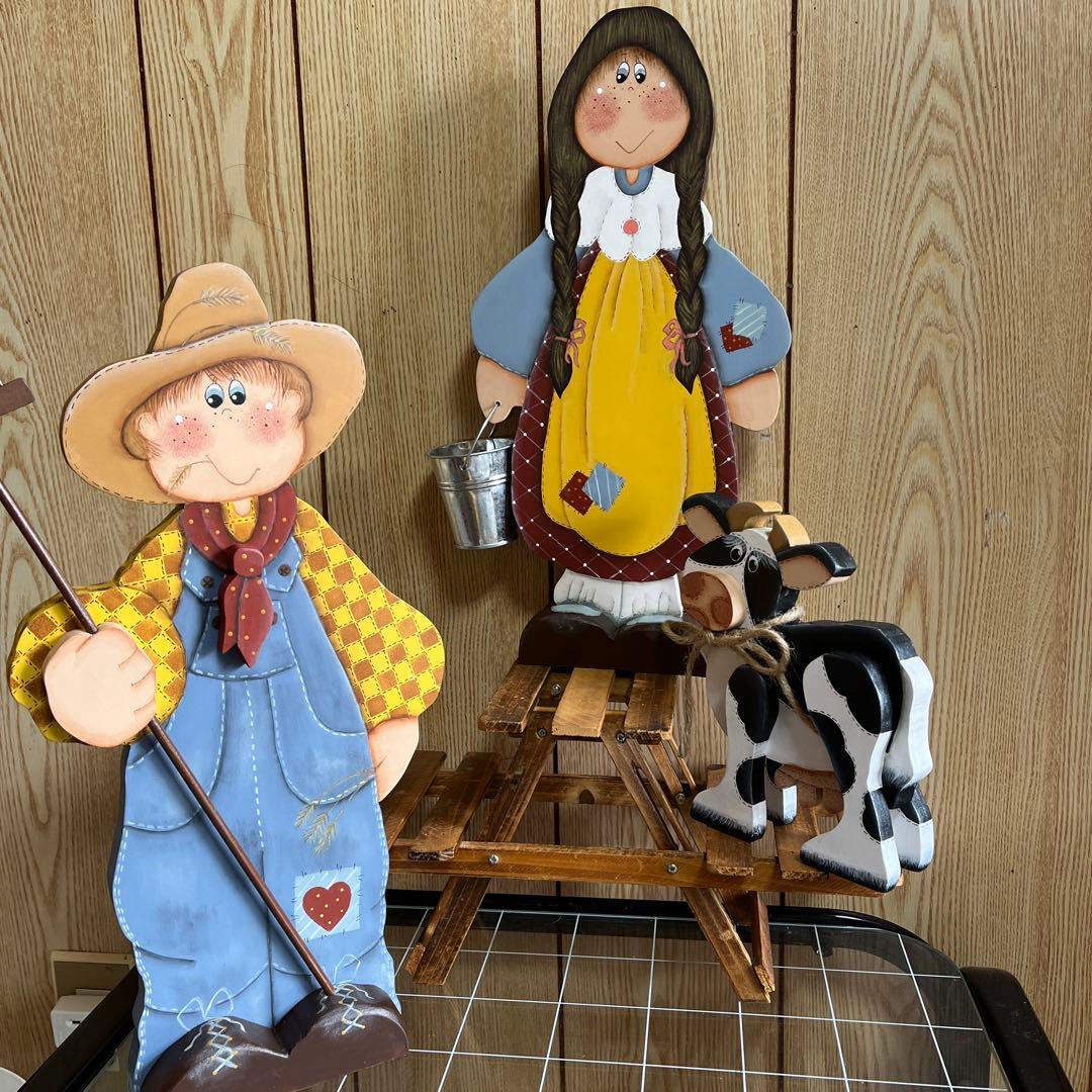 カントリー風 木製農夫と農婦の飾り