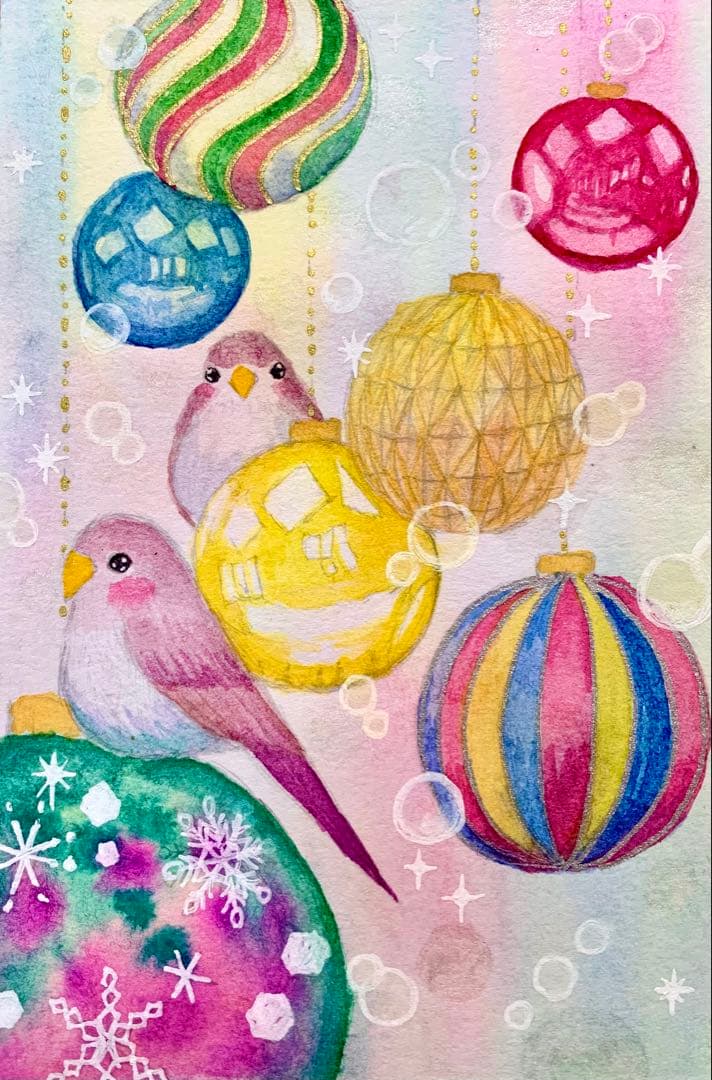 momorin水彩画 鳥とクリスマスオーナメント　値段は※900円です