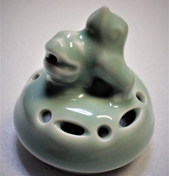 京焼　清水焼　香炉　青磁双耳獅子摘み香炉　高木鳳子　造